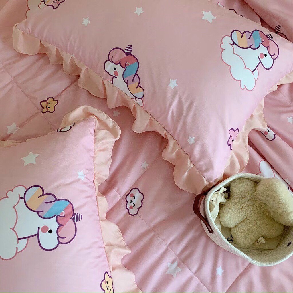 Bộ Chăn Ga Gối Nhập Khẩu Cao Cấp Chất Vải Đũi Trần Viền Bèo Họa Tiết NGỰA HỒNG PONY Siêu Mềm Mịn Mát