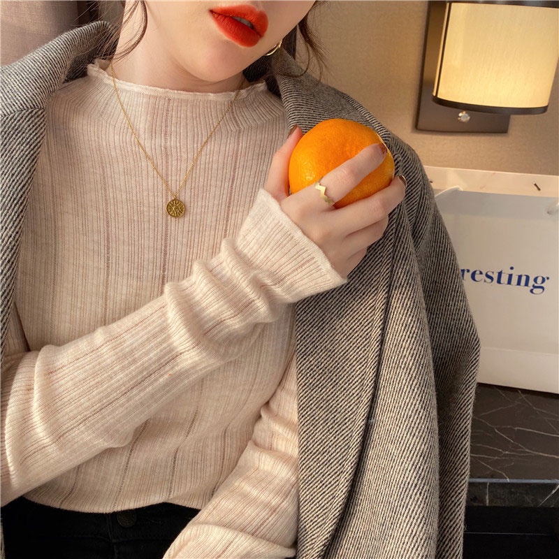 Áo Dệt Kim Mỏng Tay Dài Cổ Cao Phong Cách Thời Trang Hàn Quốc Dành Cho Nữ