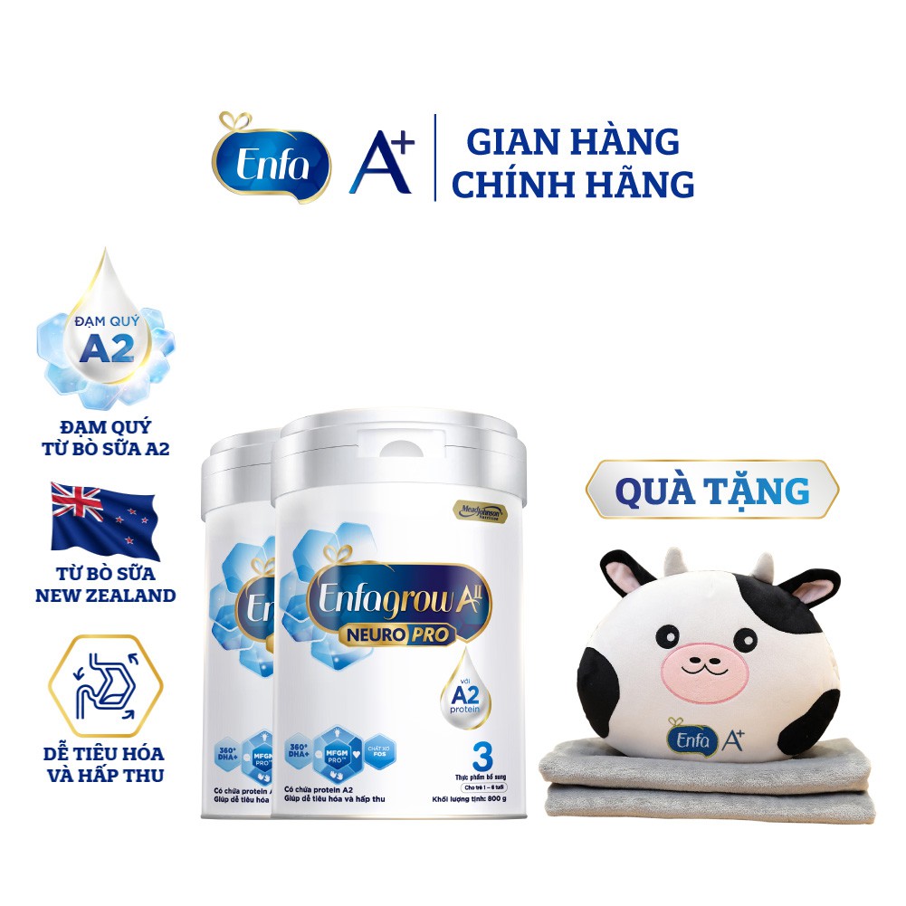  [Tặng Bộ Mền Gối Bò Sữa] Bộ 2 Lon Sữa Bột Enfagrow A2 Neuropro 3 Cho Trẻ Từ 1 - 6tuổi – 800g