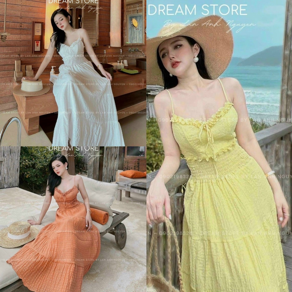 Đầm váy nữ 2 dây maxi phối viền bèo nhún eo với 3 màu trending xinh xắn dành cho các tình yêu đi biển, dạo phố