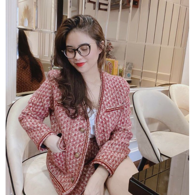 SÉT DẠ ĐỎ MIX CHÂN VÁY DẠ CHỮ A