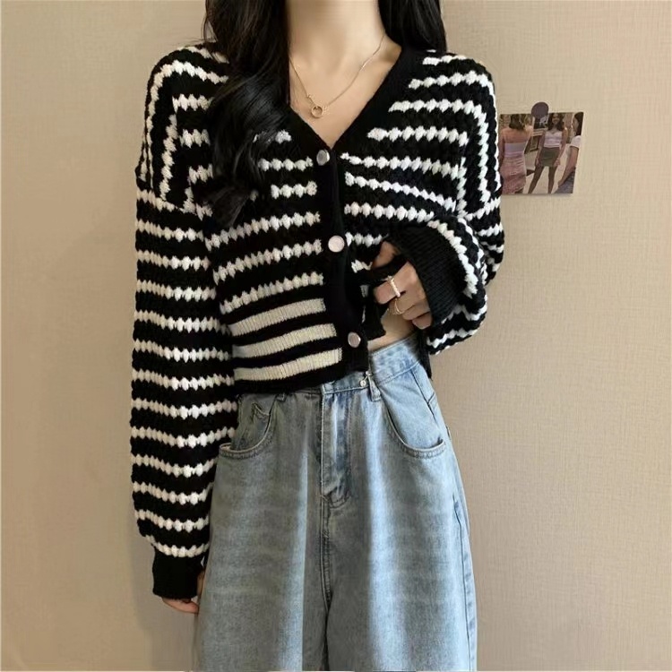 Áo Khoác Cardigan Dệt Kim Cổ Chữ V Họa Tiết Kẻ Sọc Thời Trang Mùa Thu Mới Cho Nữ