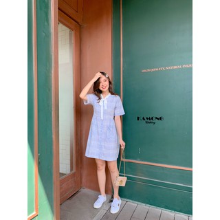 Đầm suông Caro cổ nơ trắng ( Xanh - Da )