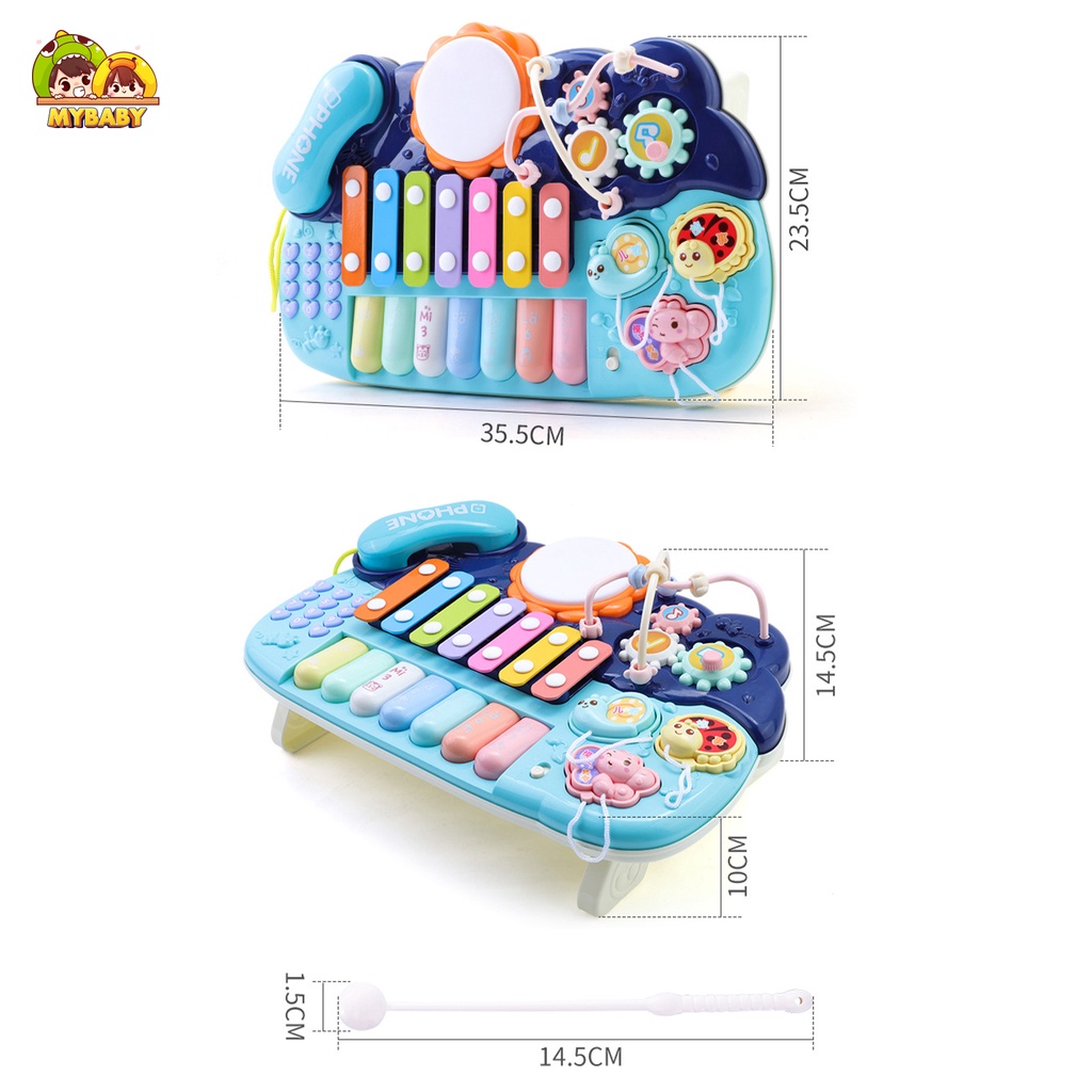 Đàn Piano Cho Bé Thông Minh Đa Năng, Có Đèn Nhạc, Điện Thoại, Trống, Vòng Xoay, Kích Thích Trí Thông Minh, Mybaby
