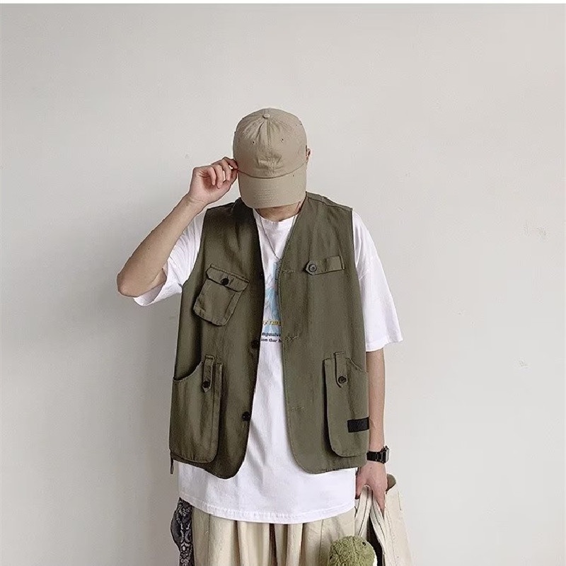 Áo Ba Lỗ Dáng Rộng Thoải Mái Nhiều Túi Phong Cách Hip Hop Đường Phố Hàn Quốc Cho Nam Cỡ M-2XL