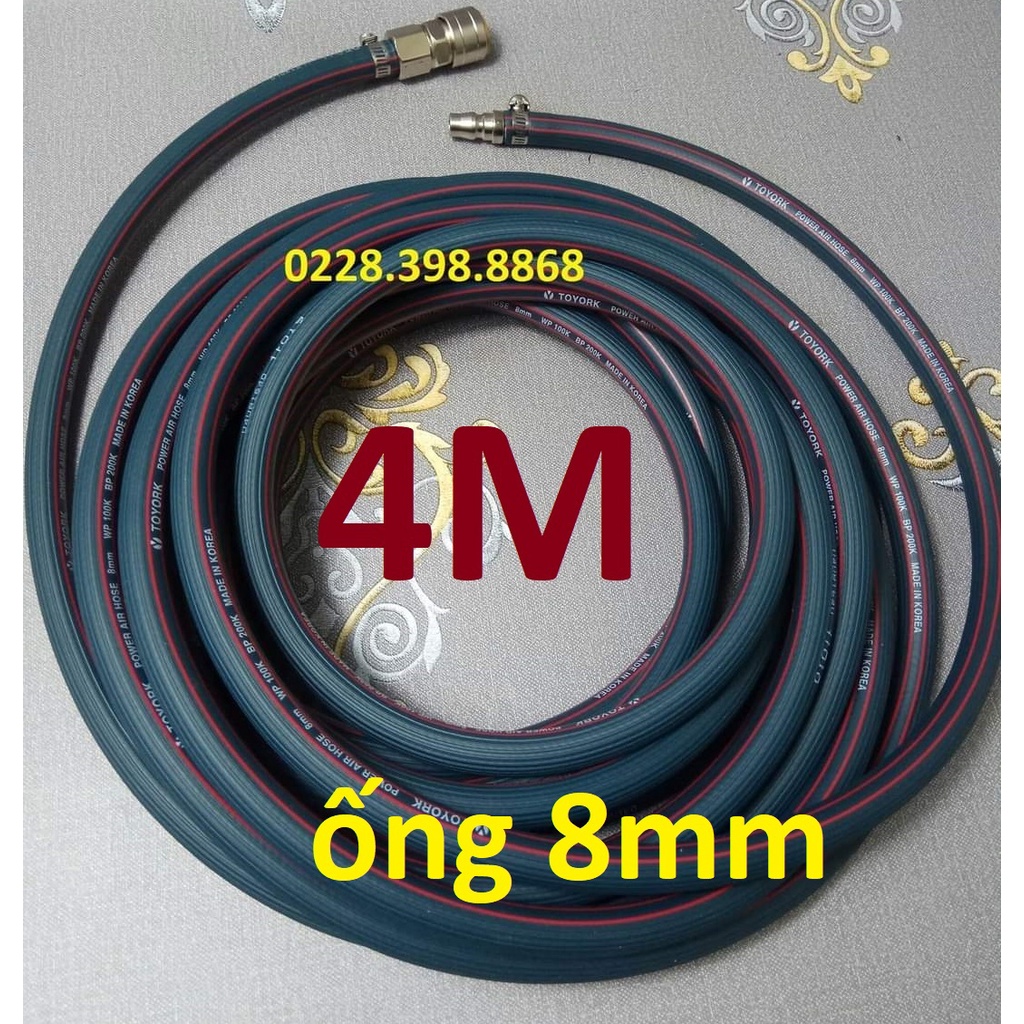 Dây hơi cao su bố vải 4m, made in Korea, lỗ 8mm, kèm bộ đầu nối nhanh cao cấp (SS1983) (SS6704)