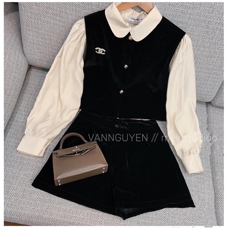 set gile nhung mix áo sơ mi be