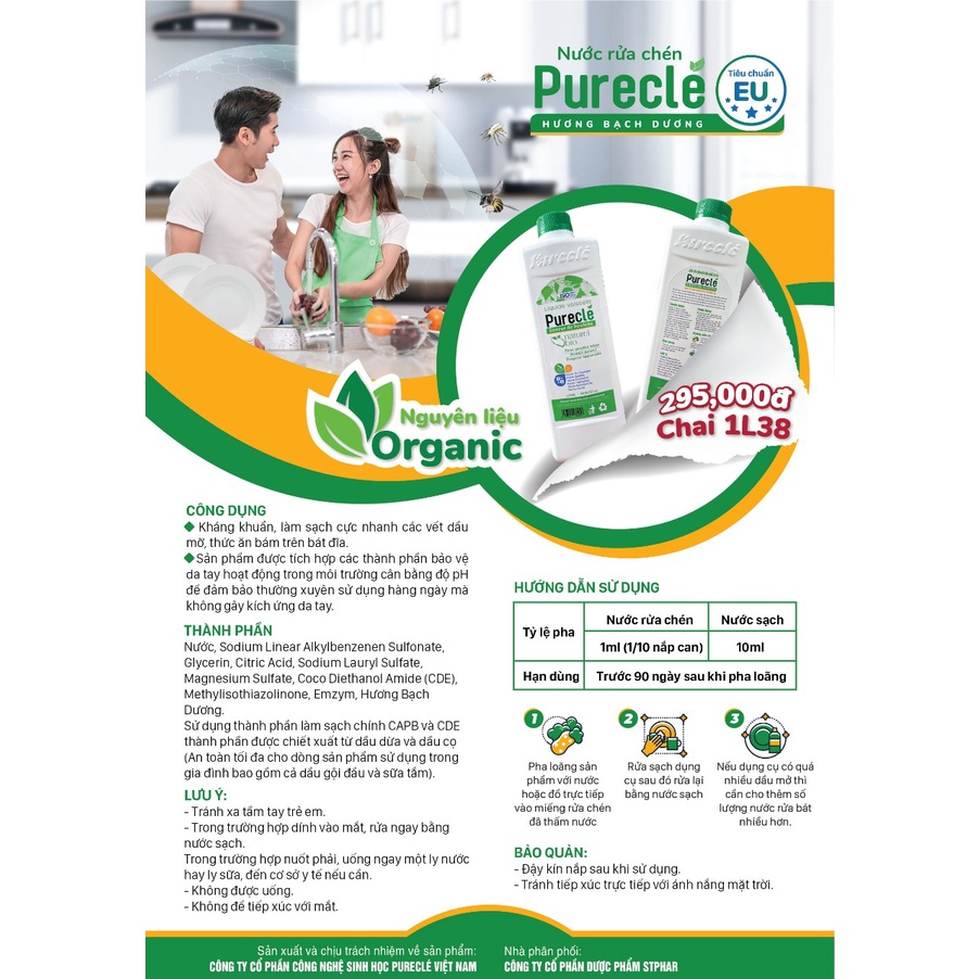 Nước rửa chén đa năng và cô đặc Pureclé là nước rửa chén Organic tiêu chuẩn EU và sản xuất tại VN