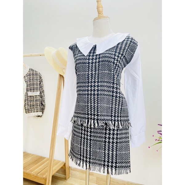 Set đồ thu đông dạ phối voan Áo + chân váy