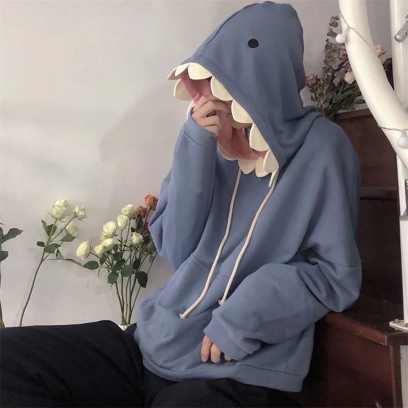 Áo hoodie lót nhung dày in hình cá mập hoạt hình sáng tạo thời trang cho cặp đôi 2021