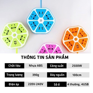 Ổ điện tròn tích hợp Usb 2.0 A có 4 phích 220V và 2 jack USB 5V 2.0 A
