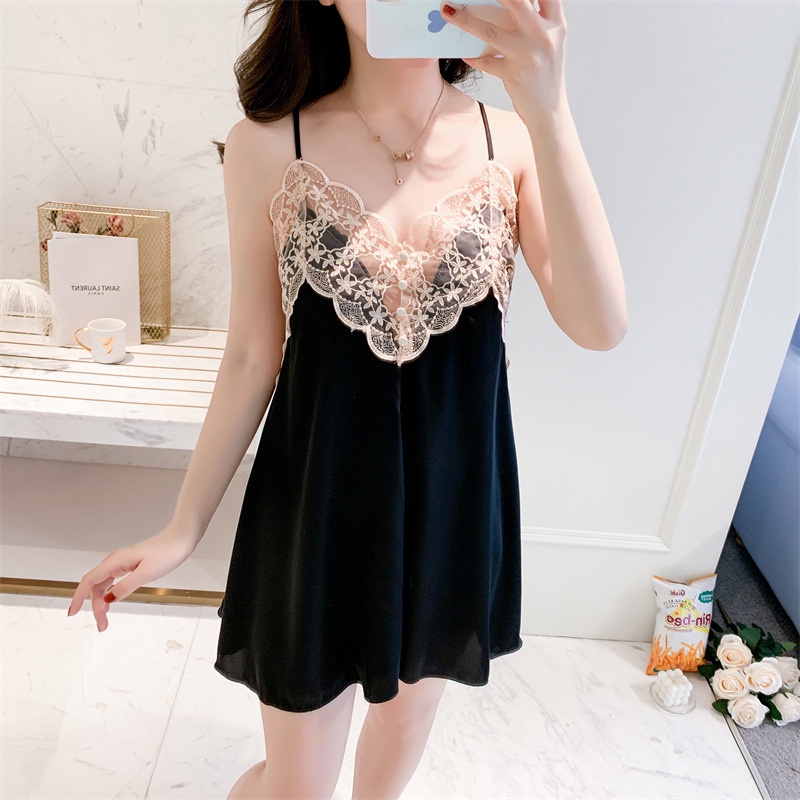 Đồ ngủ Vải Lụa Lạnh Phối Ren Cổ Chữ V Có Miếng Đệm Ngực Thời Trang Mới 2022 Cho Bạn Gái