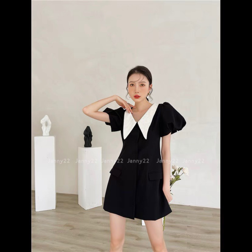 [Ảnh thật/Video] Váy Chữ A Màu Đen Pha Cổ Trắng Chất Tuyết Mưa Dày Dặn Đứng Dáng- Đầm Dự Tiệc Màu Đen Sang Chảnh Lịch Sự | BigBuy360 - bigbuy360.vn