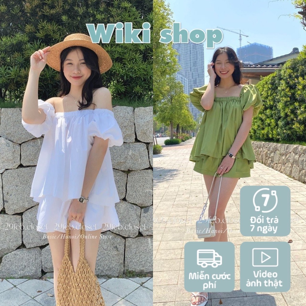 Set bộ đồ nữ đũi xước áo trễ vai trắng xanh phối quần đùi sooc nữ cạp chun freesize phom rộng đi biển chụp ảnh C892