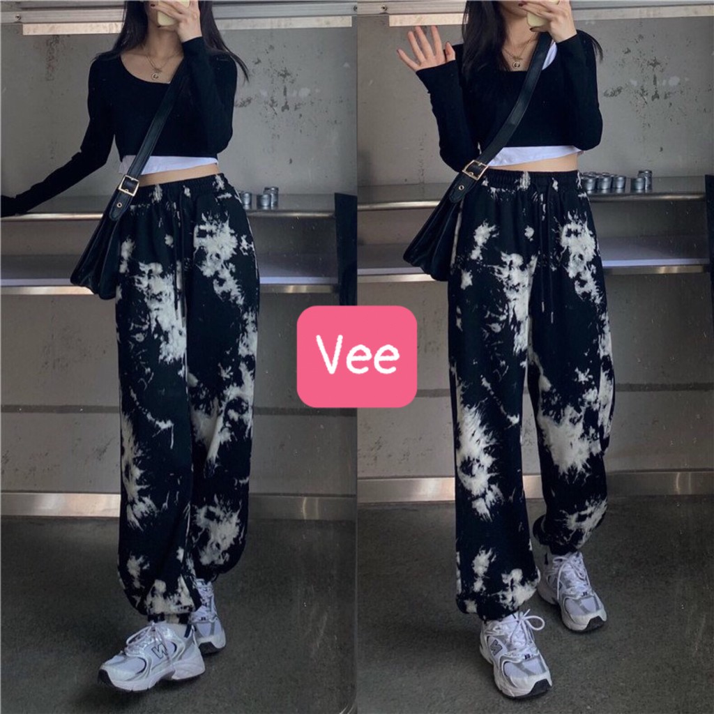 Quần dài nam nữ dáng jogger loang màu cạp cao ống rộng ulzzang/ Quần suông ống bom chun bo gấu thời trang hàn quốc