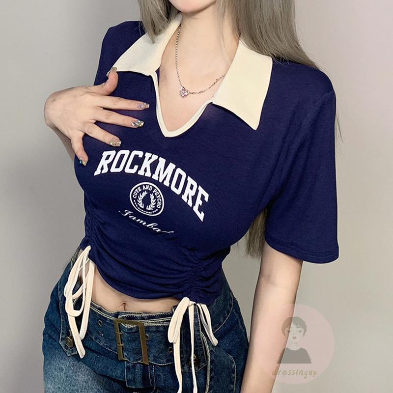 Áo Thun Nữ Ngắn Tay Cổ Chữ V Dây Rút Thời Trang