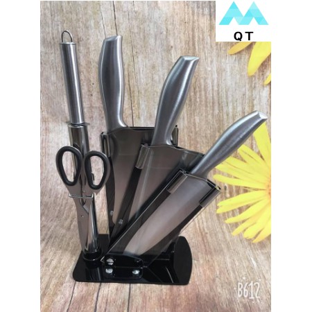 Bộ Dao Kéo Nhà Bếp 6 Món Nhật Bản Cao Cấp, Inox Chống Gỉ, Có Đế Đựng Dao