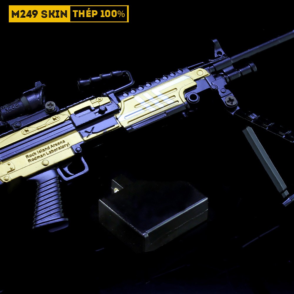 Mô Hình PUBG M249 Skin Black Gold Tặng Kèm 3 Scope Và Kệ Trưng Bày 19cm