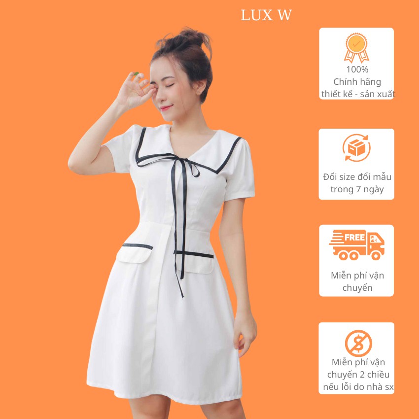 Đầm công sở trắng thiết kế đẹp dáng chữ a eo tôn dáng cổ bẹ cách điệu thời trang phù hợp đi làm đi tiệc – Lux W