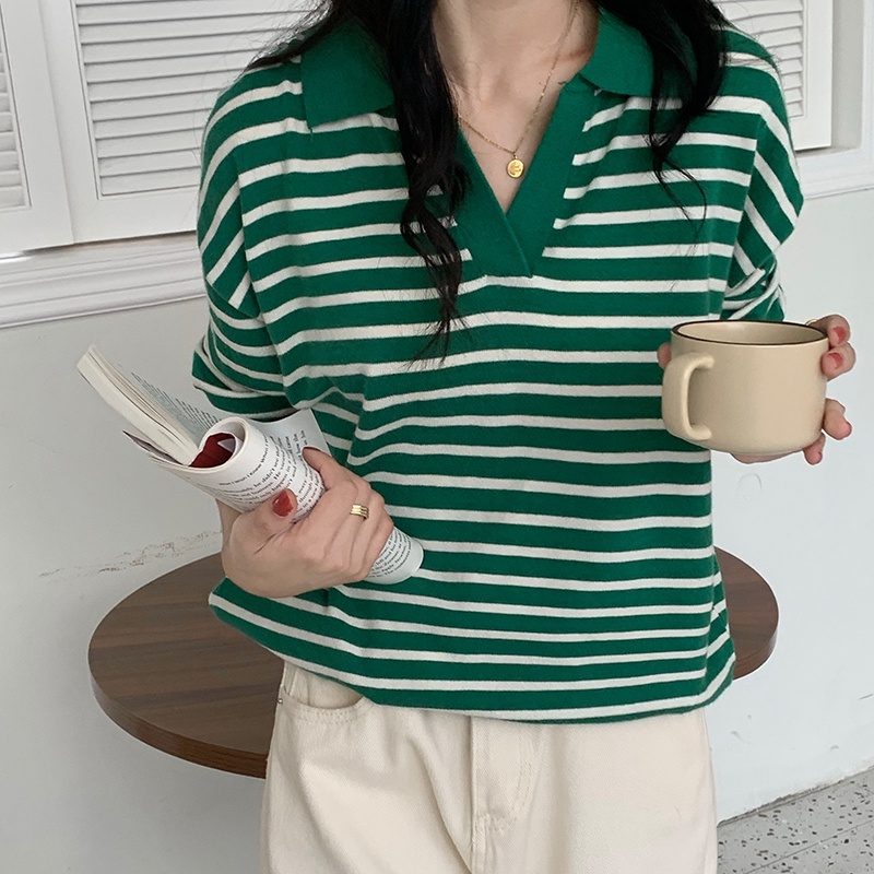 Áo sweater SUXI dệt kim cổ V dáng rộng kẻ sọc màu sắc tương phản kiểu Hàn Quốc thời trang thu đông cho nữ