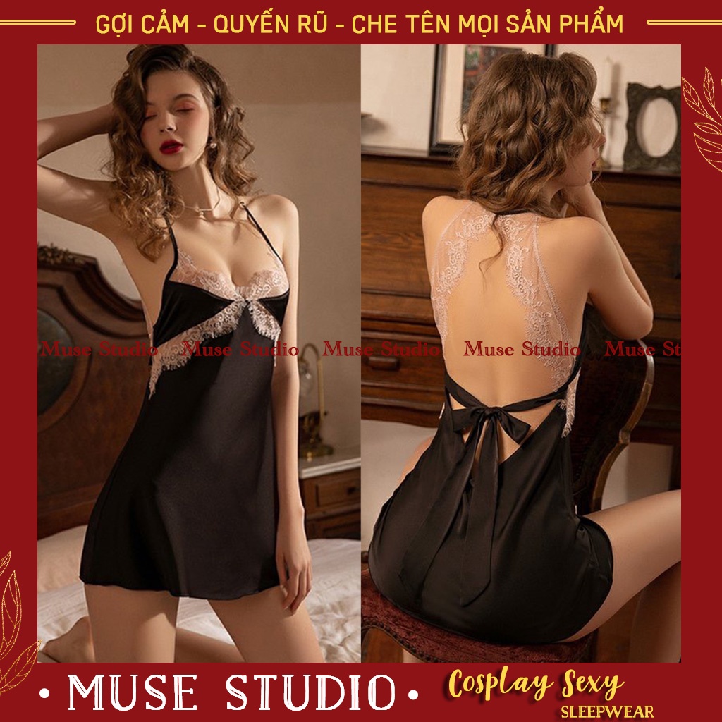 váy ngủ sexy, đầm ngủ hai dây gợi cảm phối ren ngực buộc nơ lưng quyến rũ - MUSE STUDIO MS005