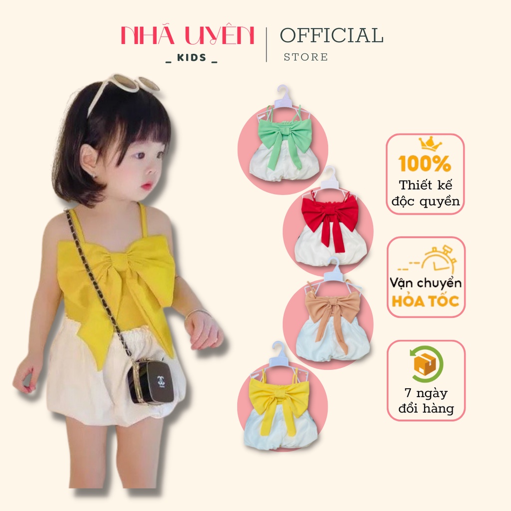 Bộ quần áo bé gái kiểu quần bí áo hai dây nơ dễ thương cho bé từ 1 tuổi đến 8 tuổi hàng thiết kế Nhã Uyên Kids mã BK051