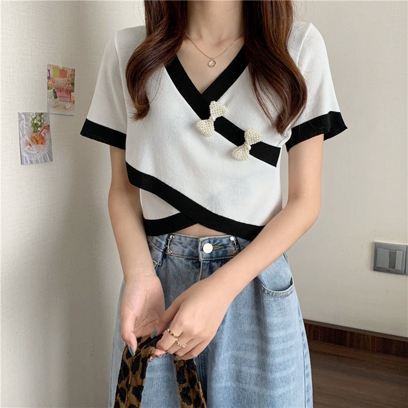 Áo Thun Dệt Kim Ngắn Tay Cổ Chữ V Màu Sắc Tương Phản Thời Trang Mùa Hè Hàn Quốc Cho Nữ