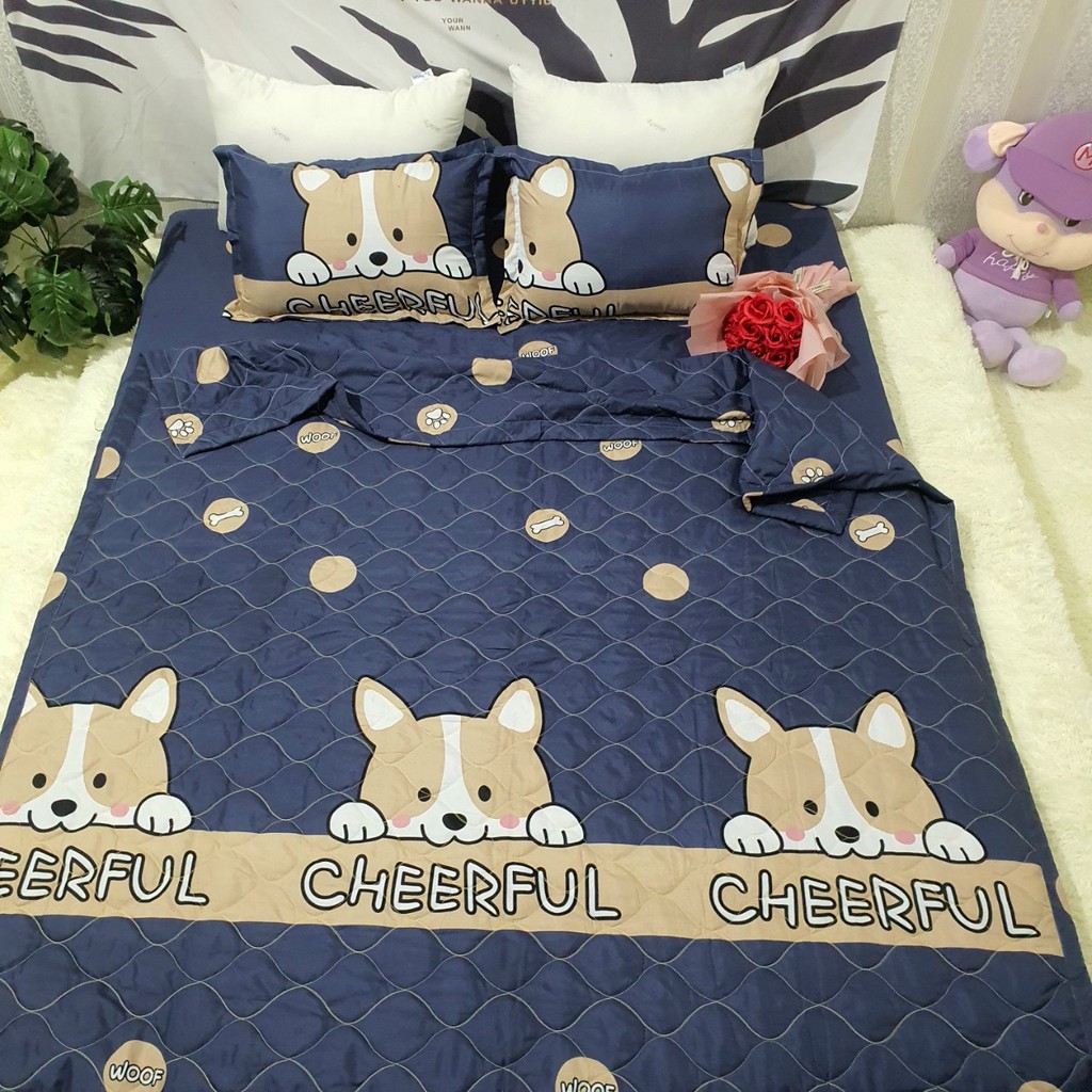 Set 4 Chăn Hè Trần Bông Kèm Ga Gối Poly Cotton Mẫu CÚN CHEERFUL XANH BIỂN