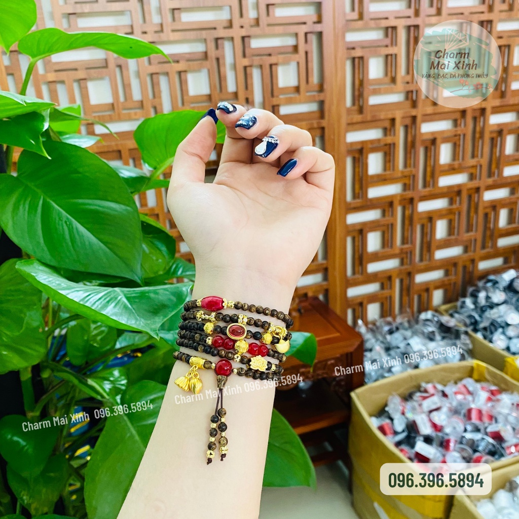 Chuỗi Trầm Hương Sánh Chìm 216 Hạt Size 4mm Phối Nhiều Charm - Vòng Tay Hoa Gỗ phong thủy tự nhiên Nam Nữ