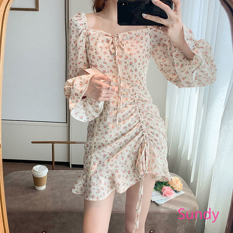 Đầm hoa tay dài cổ vuông phối dây rút thời trang nữ dễ thương | BigBuy360 - bigbuy360.vn