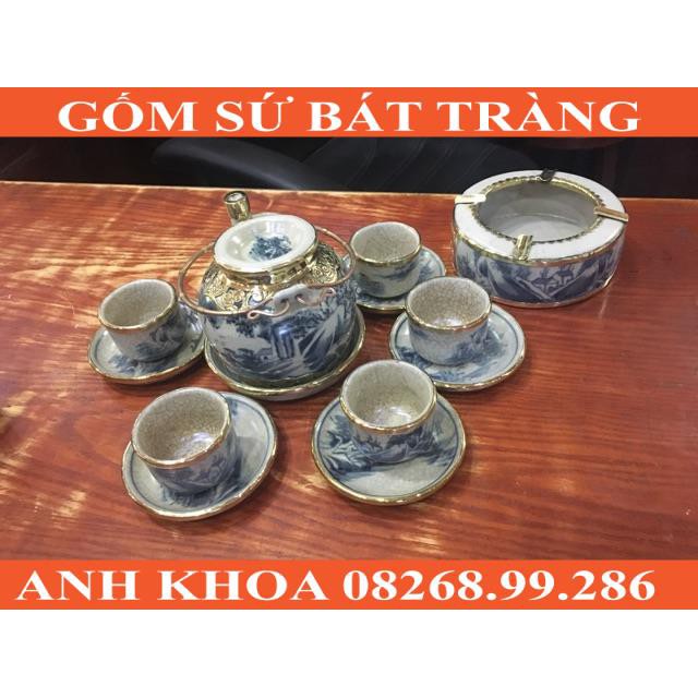 Bộ ấm chén bọc đồng men rạn dáng nắp lõm - Gốm sứ Bát Tràng Anh Khoa