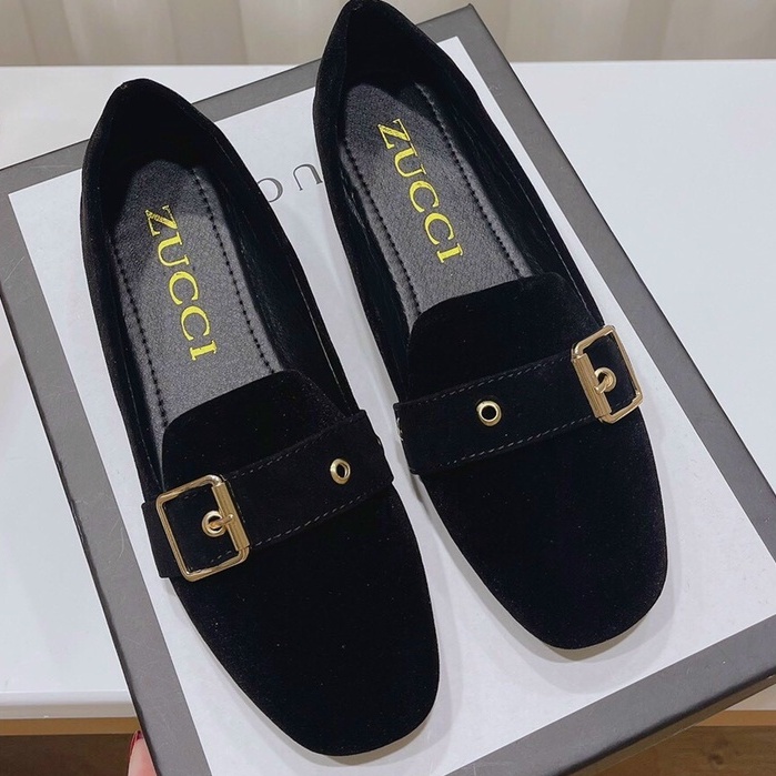 Giày nhung nữ đế êm gót 1,5cm khoá vuông