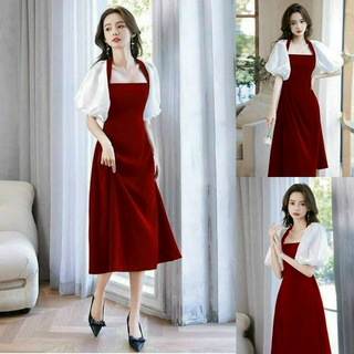 Đầm nhung xòe dài phối tay voan trẻ trung sang chảnh