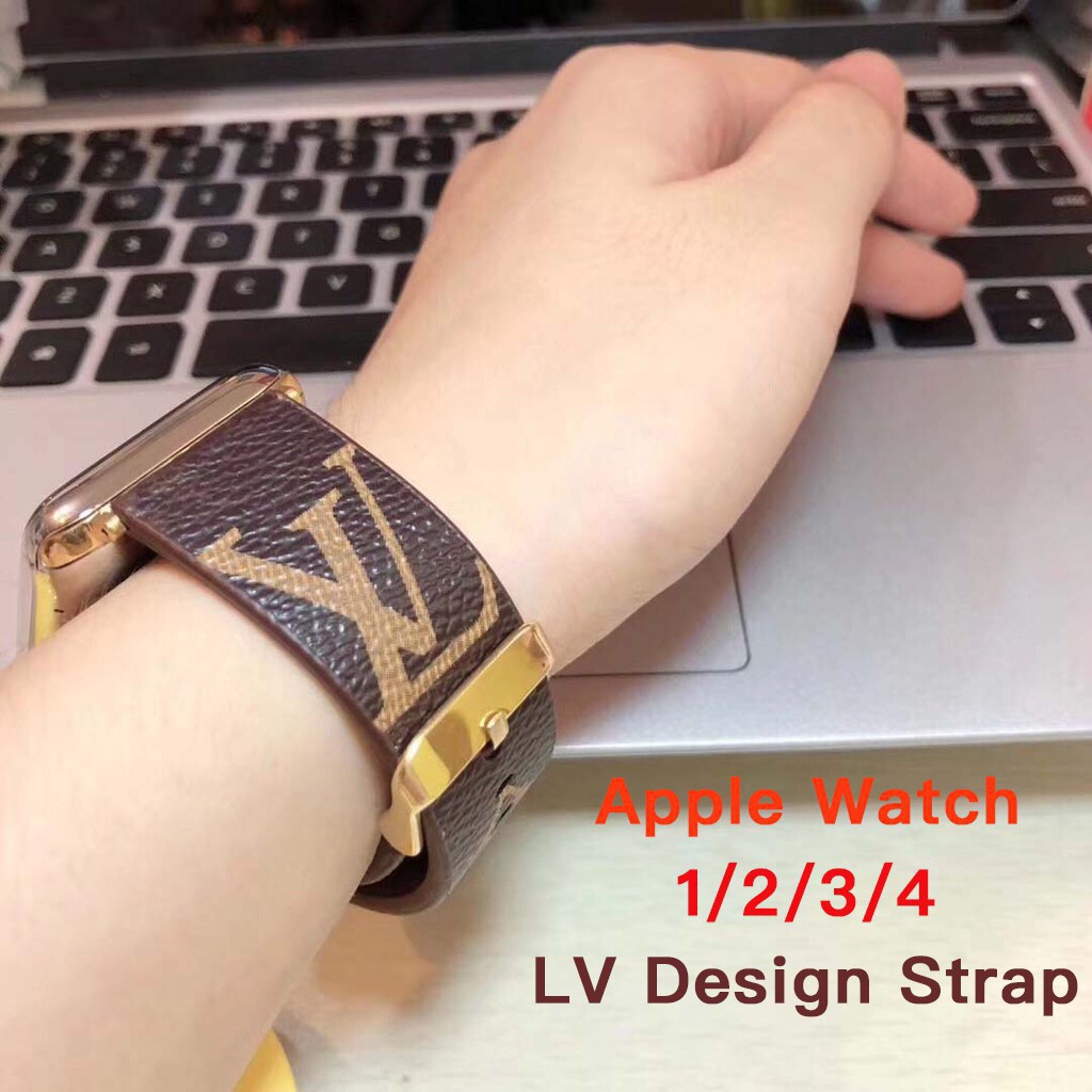 Dây Đeo Bằng Da Thật Họa Tiết LV Cho Đồng Hồ Thông Minh Apple Watch Series 1 / 2 / 3 / 4 / 5