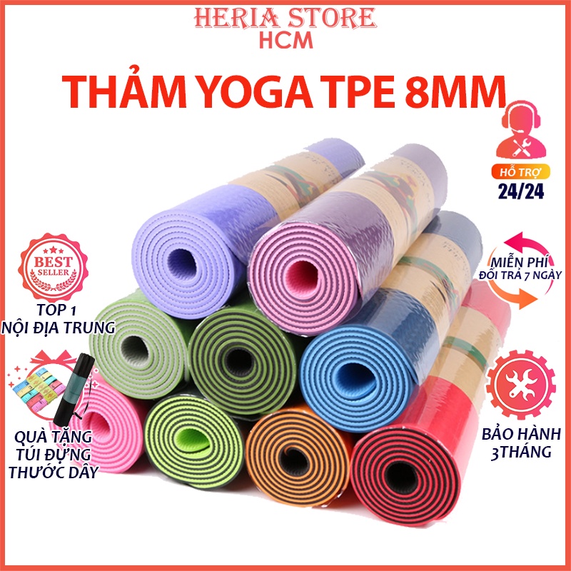 Thảm tập yoga chống trượt TPE 2 lớp cao su 6mm tặng kèm túi thảm HERIA HCM