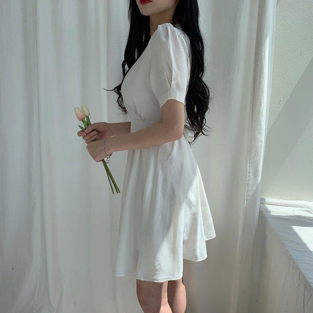 Váy ulzzang Roxie dáng xòe cổ tim ngắn tay chiffon Hàn Quốc