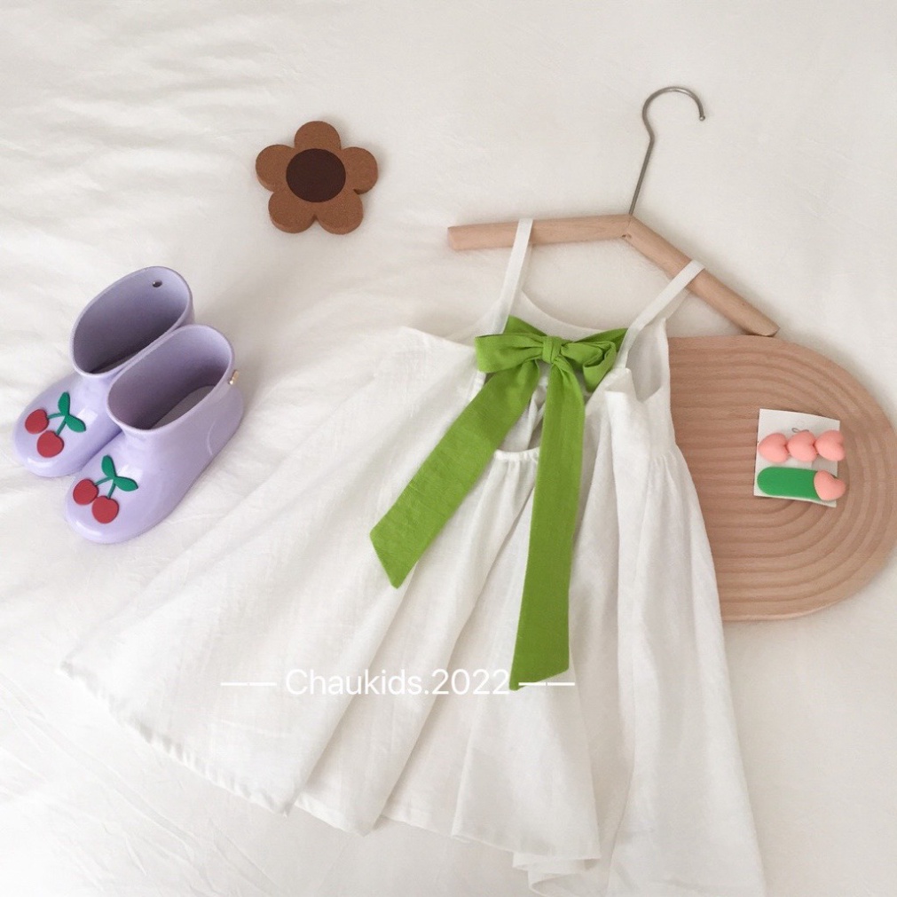 Váy bé gái, Váy maxi 2 dây nơ lưng tone xanh cốm- trắng siêu yêu cho bé