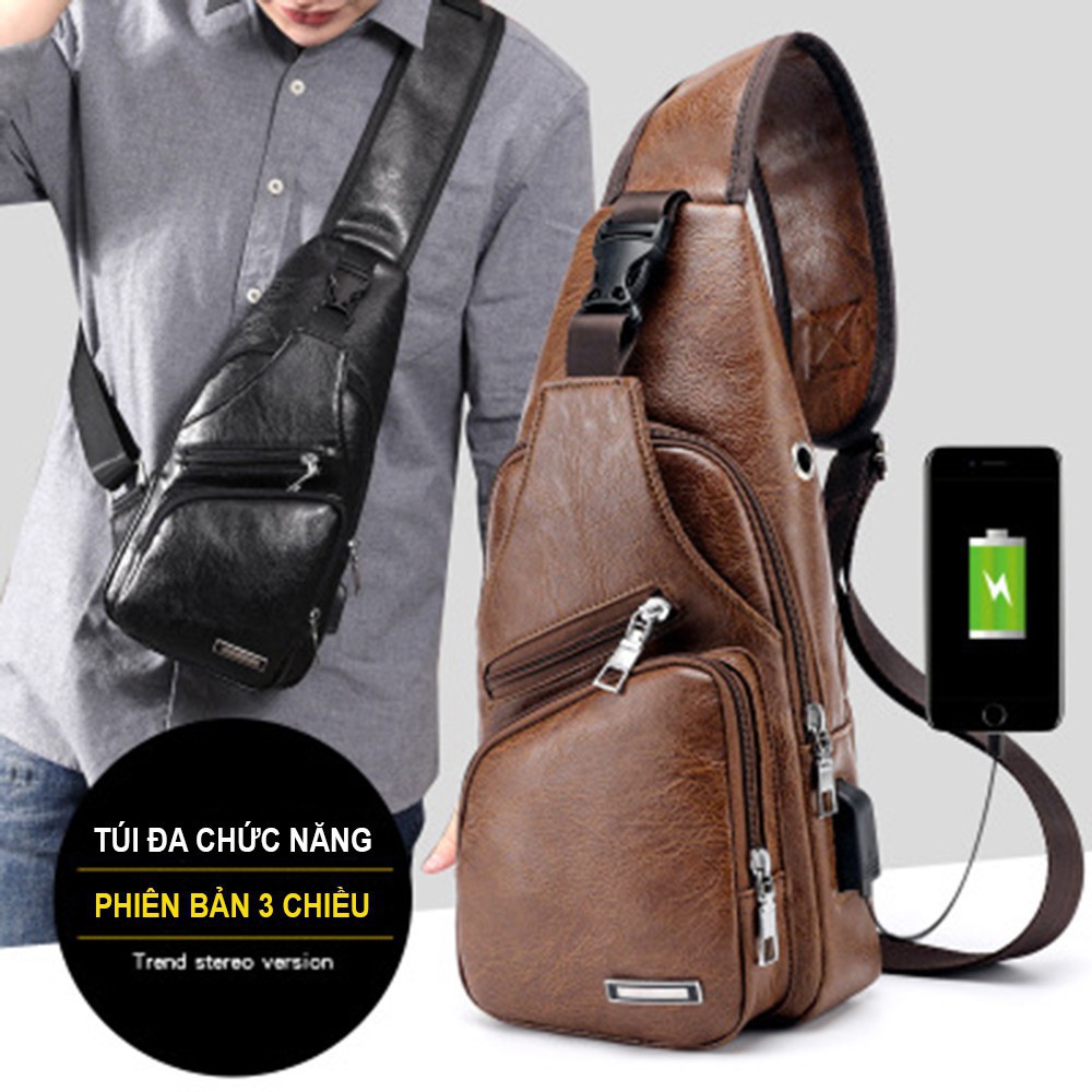 [Bibbe Shop]Túi đeo ngực da, túi đeo chéo nam da cao cấp