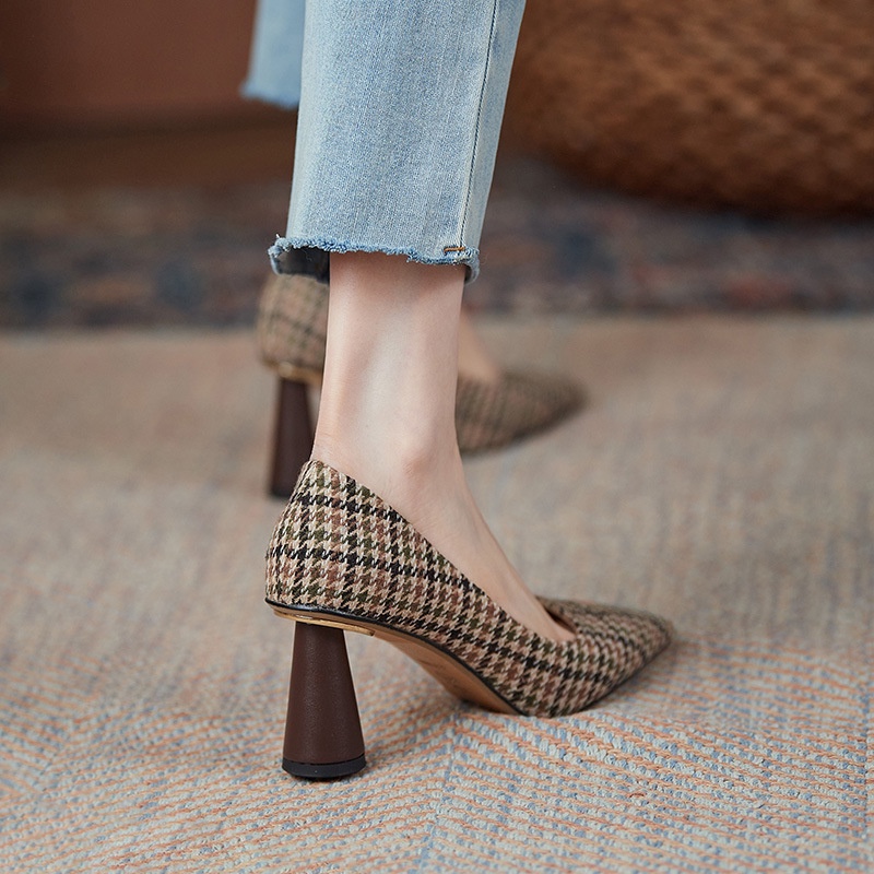 Giày cao gót IELGY mũi nhọn họa tiết houndstooth thời trang retro Pháp màu sắc cho nữ