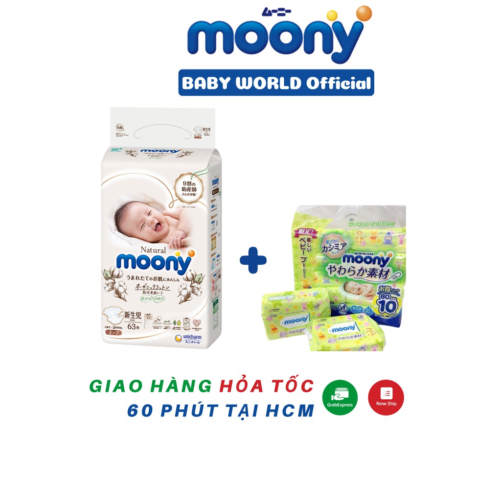 Tã giấy moony natural nội địa nhật dán/quần NB63/S58/M48/L36/XL32 Baby World