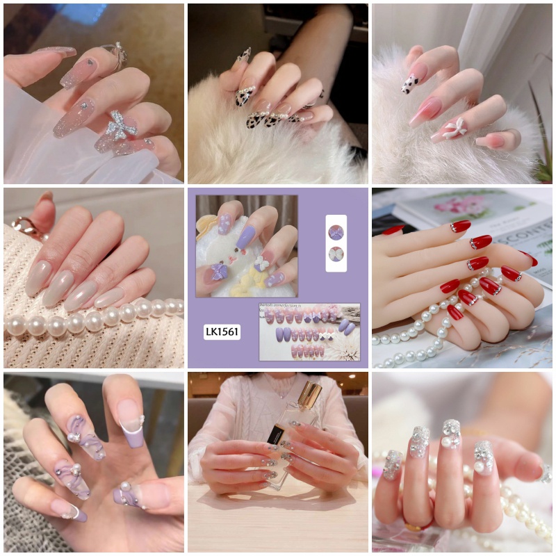 Set 24 móng tay giả họa tiết trái tim dễ thương thời trang