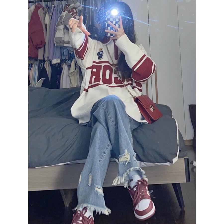 Quần Jean Lưng Cao Ống Suông Rộng Phối Rách Size Xs-2XL Phong Cách retro Mỹ Cho Nữ