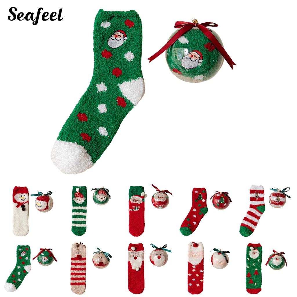 seafeel_ 1 Set Christmas Mid Tube Socks Elk Anti-shrink Winter Socks Christmas Ball