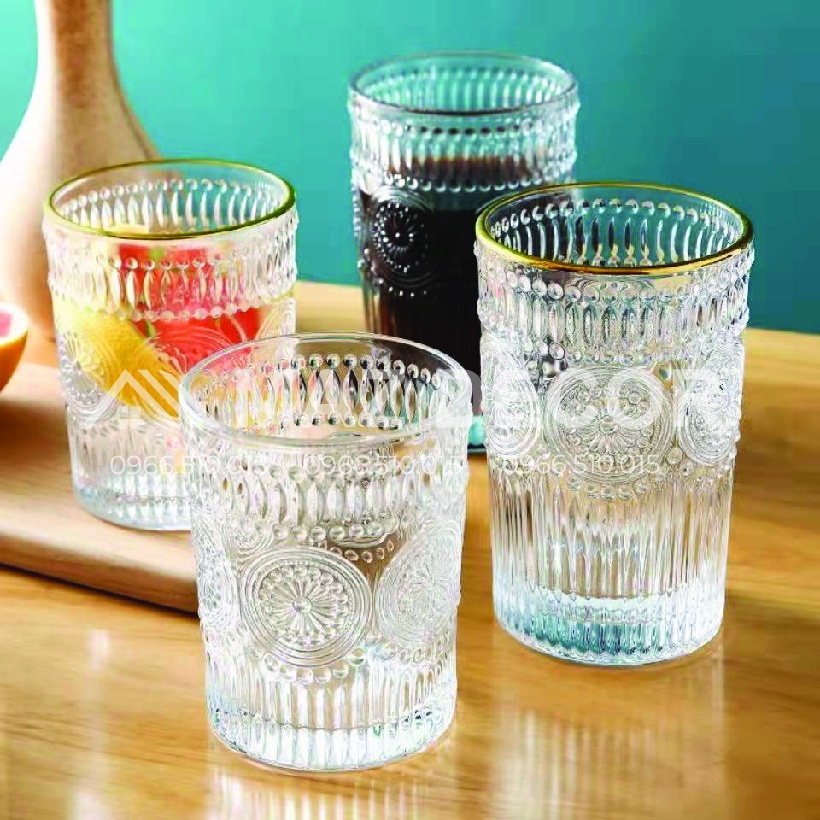 Đồ decor ĐẸP Bộ 6 cốc ly thủy tinh pha lê mạ vàng họa tiết trống đồng chịu nhiệt sang trọng tinh tế - Phong cách Bắc Âu