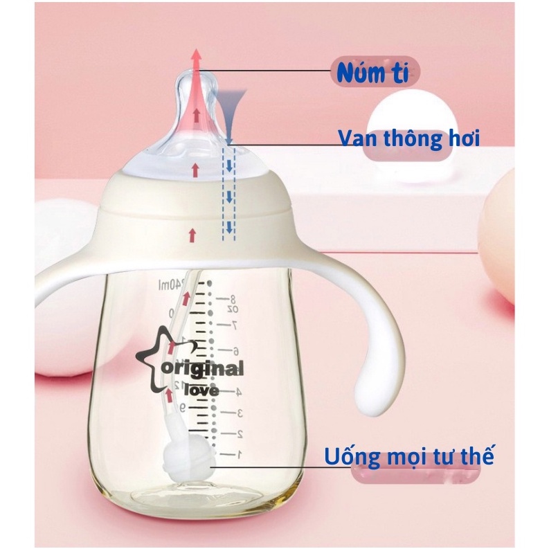 Bình sữa cho bé kèm 2 đầu núm thay thế giúp bé tập hút dung tích 240ml