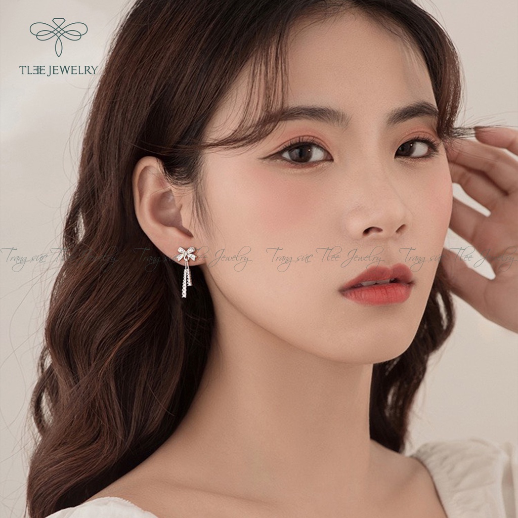 Khuyên tai bạc nữ TLEE nơ dáng dài tiểu thư nạm đá sáng sang trọng NCJ B0144