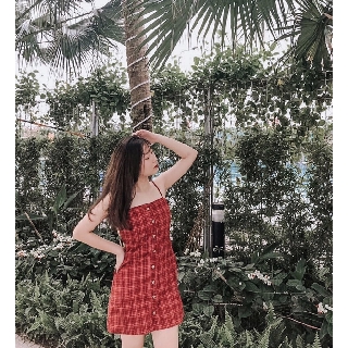 Đầm/ váy kẻ đỏ thắt nơ sau