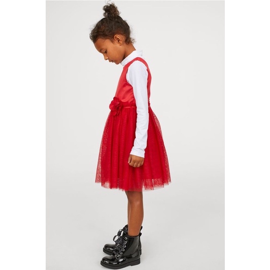 Đầm xoè đỏ bé gái HM voan phối satin sang chảnh