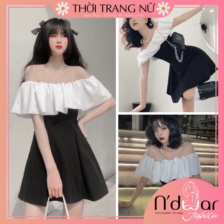 Đầm nữ trễ vai phối ngực trắng, Váy body đẹp hỡ vai dáng chữ A, Đầm nữ đẹp sang chảnh dùng đi dự tiệc