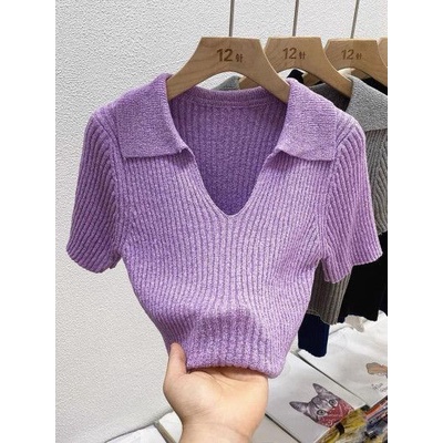 Áo montoghi gân cổ bẻ v cộc tay croptop mới mẻ tôn dáng xinh